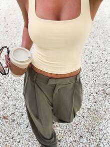Casual    Ruched    Vacation  Beach  Women's White Square Neck Fitted Tank Top, Cropped Sleeveless Cami, Casual Minimalist & Chic Daily Outfits - 杏色 - 查看 4