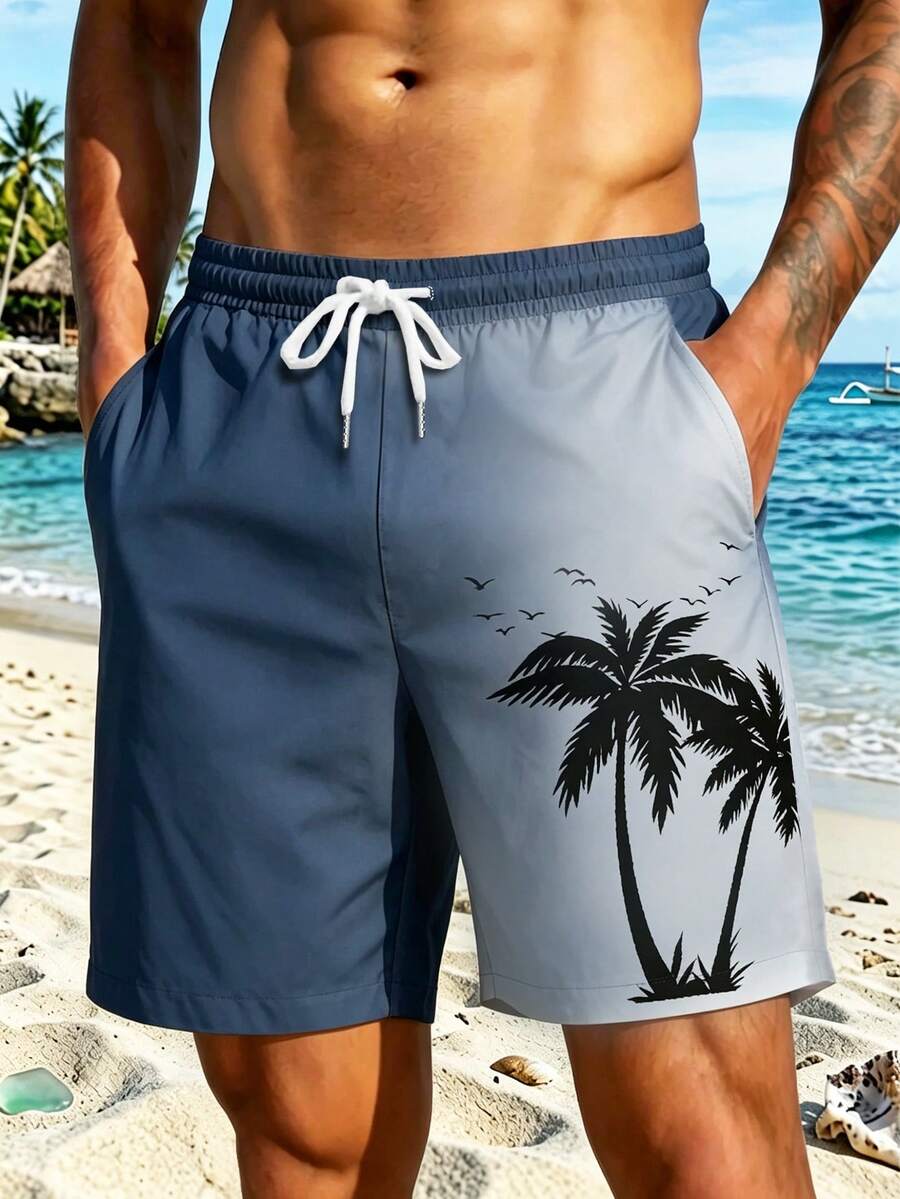 Men's Summer Quick-Dry Single-Layer Unlined Beach Shorts, Holiday Casual Outdoor Coconut Tree Gradient 3D Digital Print Pattern, Fashionable Casual Daily Elastic Drawstring Waist Shorts