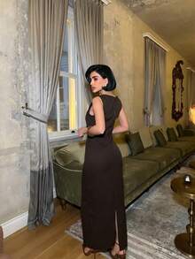 Women's Solid Color Long Dress With Slit - Brown - View 6