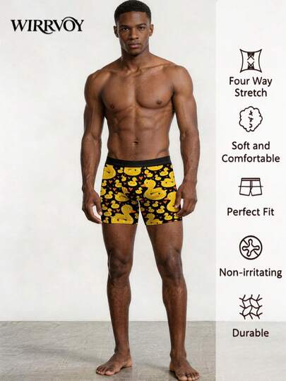 Men's Rubber Duck Print Boxer Briefs, Comfortable And Fun Underwear, Ideal Gift For Boyfriend/Husband On Valentine's Day, Anniversary, Birthday. Cute And Minimalist, Suitable For Fitness Enthusiasts