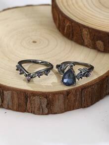 ZHIXUN 2pcs Gothic Punk Style Inlaid Blue Purple Synthetic Zirconia Ring For Women's Party Gift Accessories - Ring - View 4