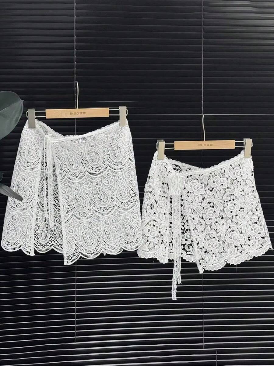 1pc French Lace Embroidery Wrap Apron, Soft Tie-Up Asymmetrical Layered Waist Chain - Multicolor - View 1