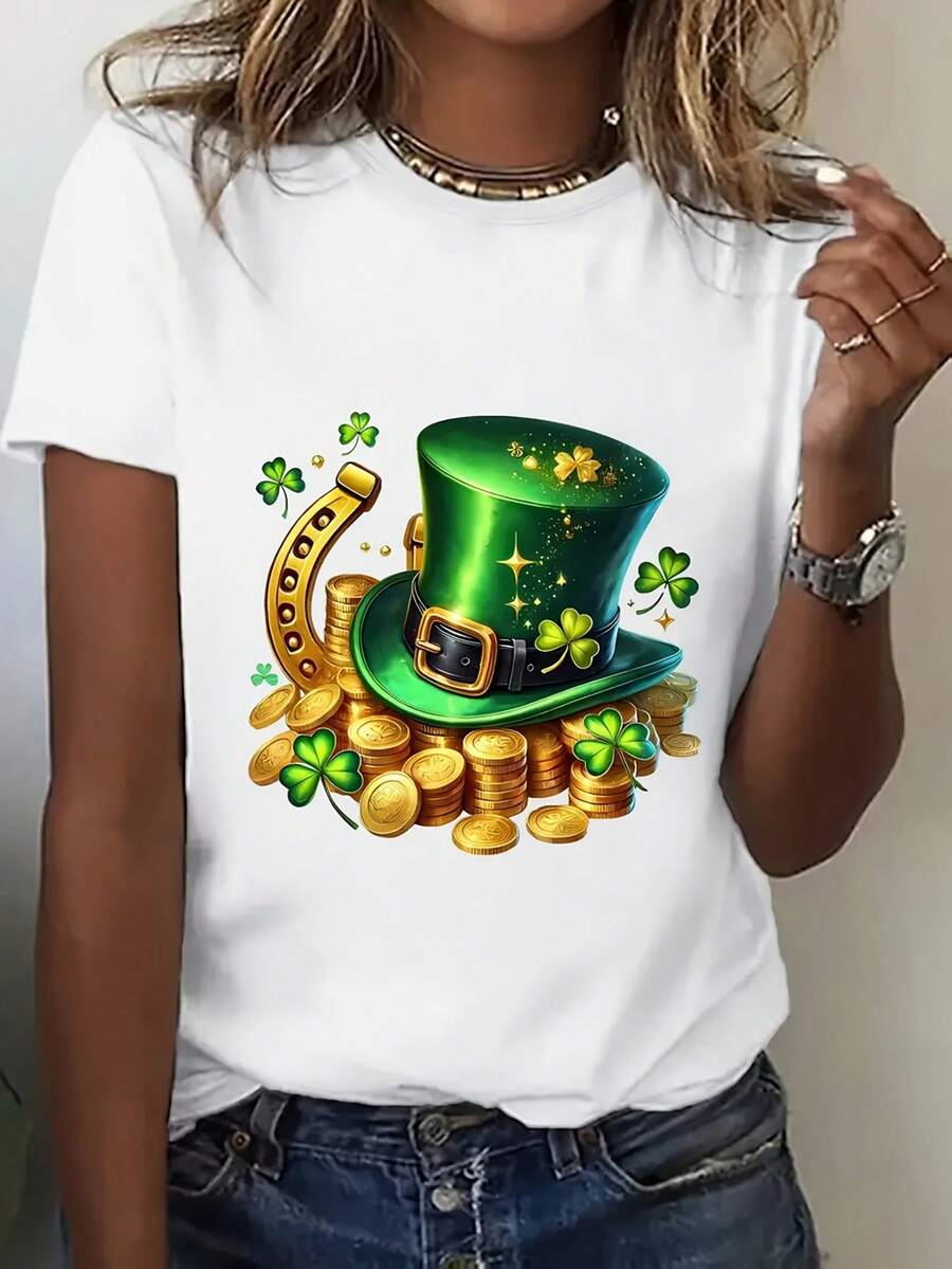Camiseta del día de San Patricio de las mujeres de manga corta cuello redondo casual sombrero superior y moneda de oro trepelo impresión máquina lavable vestido de fiesta de primavera / verano Diseño festivo Camiseta de ajuste suelto Vestido de Halloween Camiseta de vestido de mujer Vestido de otoño de las mujeres Apto para Pascua, Halloween, Acción de Gracias, etc.