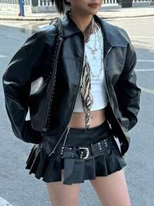 Chaqueta informal, suelta y de manga larga para mujer, estilo motorista edgy, para otoño/invierno - Negro - Ver 1