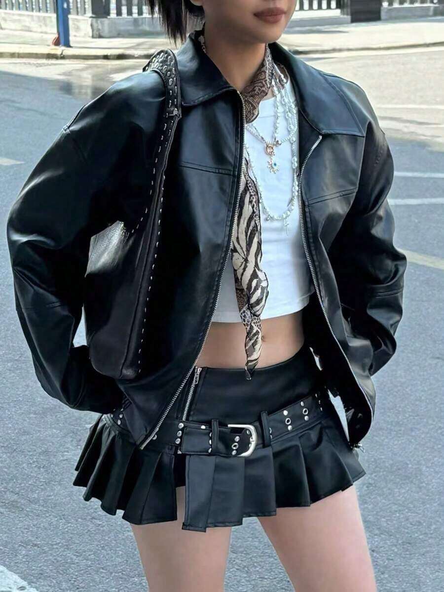 Chaqueta informal, suelta y de manga larga para mujer, estilo motorista edgy, para otoño/invierno - Negro - Ver 1