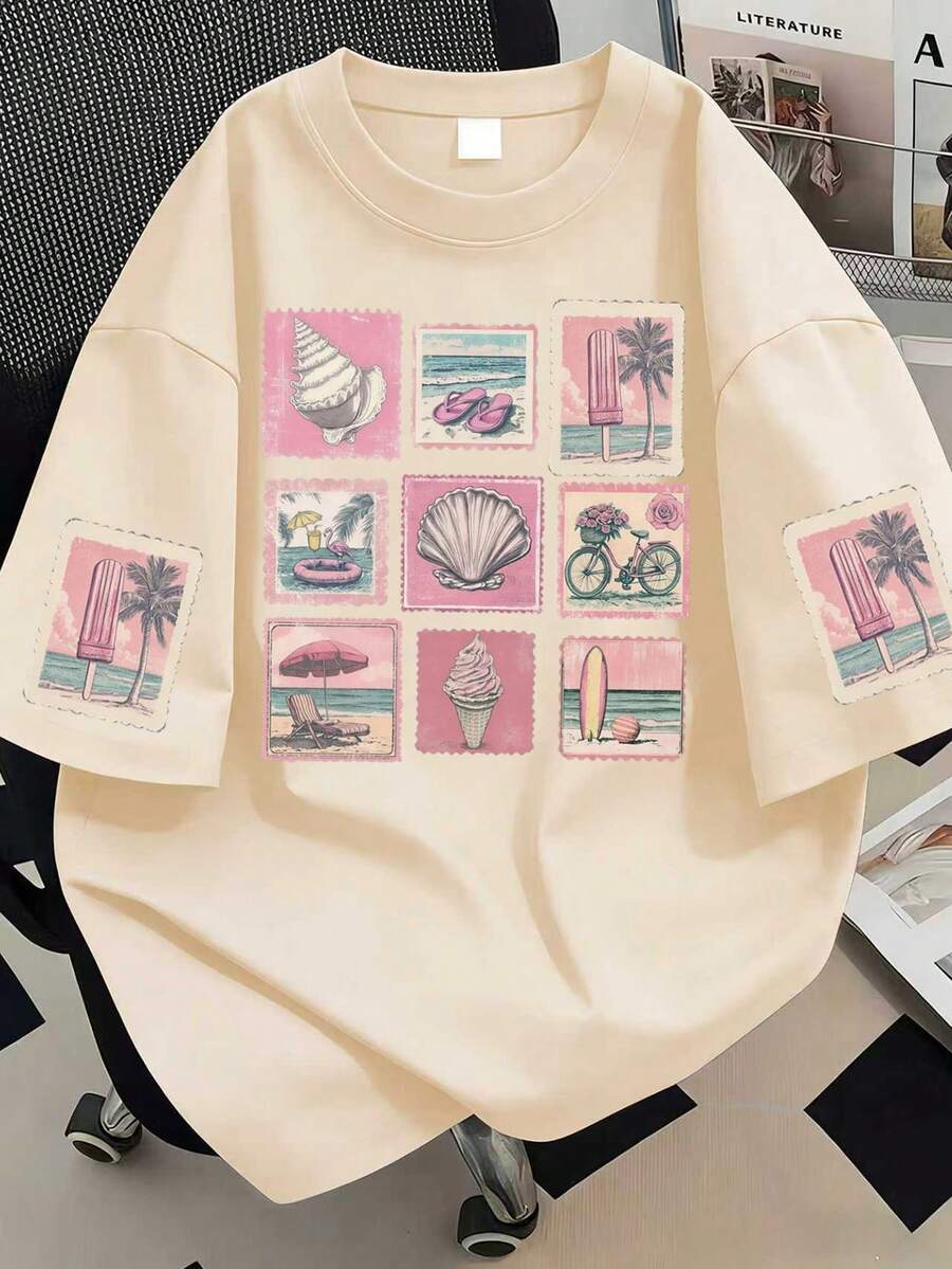 大尺碼女款休閒印花圓領T恤,袖口印花短袖,適合日常穿著、海灘度假、外出、旅行、派對,夏季女款度假裝 - 杏色 - 查看 1