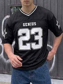 FRACTYR 男士夏季休闲街头风网眼V领“GENIUS 23”印花宽松拼接短袖T恤 | 必备街头风单品 | V领T恤 | 黑白撞色领口，透气舒适，适合夏季穿着 - 黑色 - 查看 3
