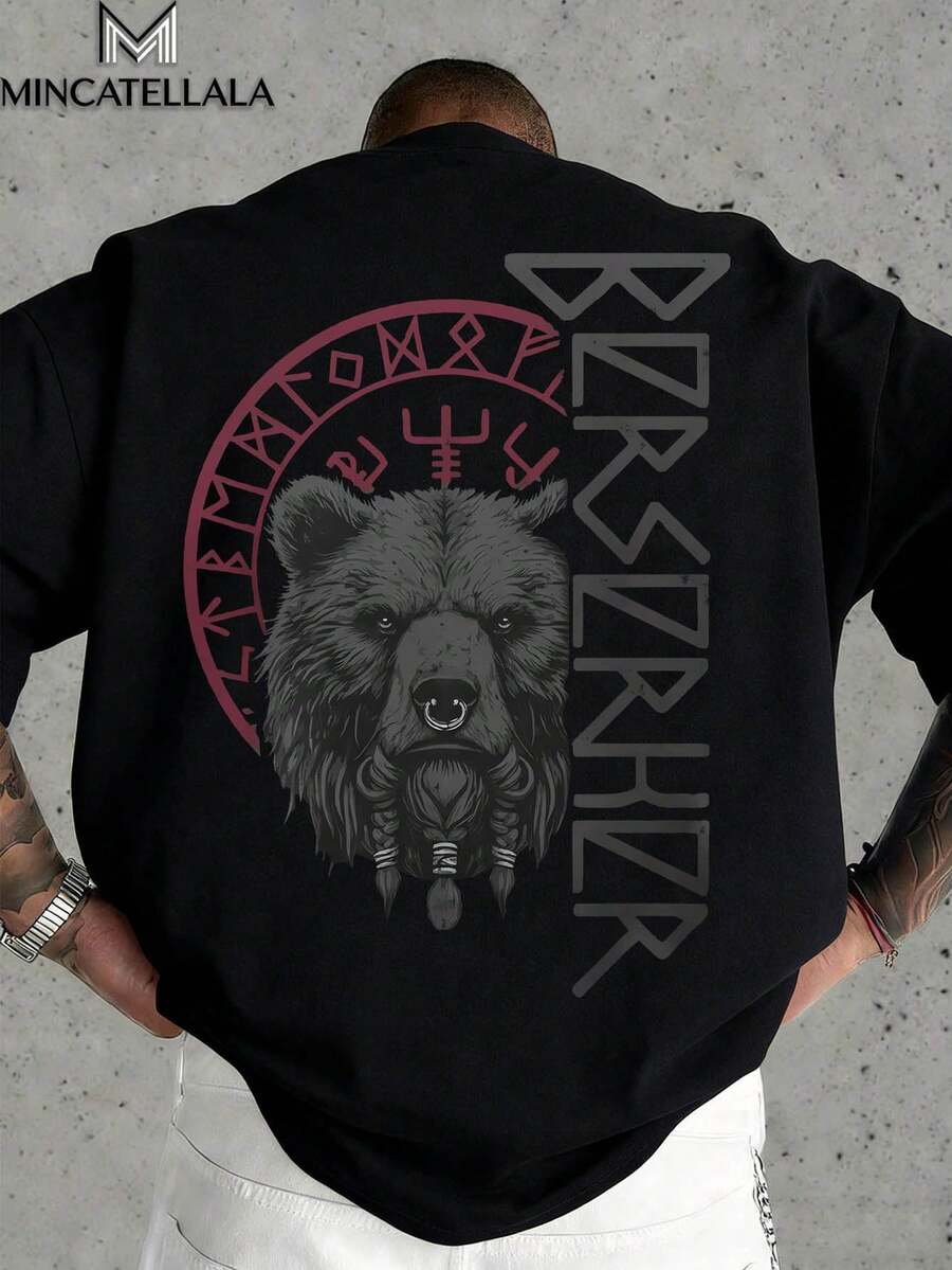 Viking Berserker Bear Norse Rune,Men's T-Shirt, Men's Summer Clothing, Couple Outfits, Holiday Clothing, Crew Neck Casual Fashion, Suitable For Going Out Or Weekend Vacations, Boyfriend Gift - 黑色 - 查看 1