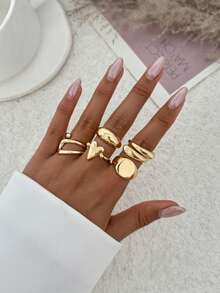 6pcs/Set Vintage Geometric Metallic Gold Asymmetrical Wave Abstract Open Rings, Suitable For Women's Daily And Vacation Decorative Charm Jewelry Set - Yellow Gold - View 4