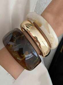 3pcs Fashionable Acrylic & Metal Layered Bangle Bracelet Set, Versatile For Daily Commute - Brown - View 4