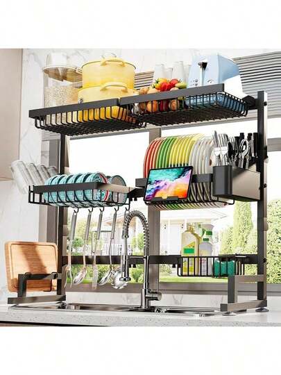 Heavy-Duty 2-Tier Over-The-Sink Dish Drainer Rack  Cover - Space-Saving Metal Kitchen Organizer, Includes Utensil Holder, Sponge & Knife Slots, Hooks, And Anti-Slip Feet - Perfect For Efficient Countertop Storage, Dish Drying Rack