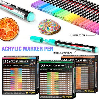 220 Colors Acrylic Paint Markers, 10 Color Systems With 22 Carefully Selected Colors In Each System, Student Drawing Anime Art Acrylic Markers, Super Fine 0.7mm Tip, Smooth Writing Quick Drying, Non-Bleed Through, Visible Ink Window, Suitable For Stone, Wood, Metal, Glass, Canvas, Fine Art, Graffiti Crafts