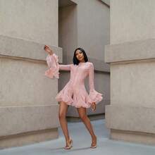 Women's Long Sleeve Mesh Panel Ruffle Hem Mini Dress| Elegant Button-Front A-Line Party Dress - 粉色 - 查看 8