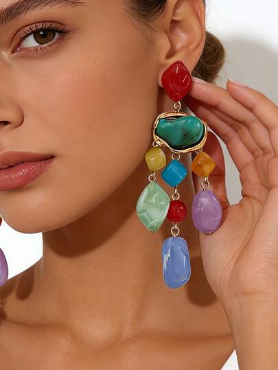 1 Pair Women's Bohemian Style Colorful Asymmetrical Resin Stone Tassel Earrings, Contrast Color Faux Jade Long Dangle Earrings, Suitable For Beach Party, Eye-Catching Elegant Earrings