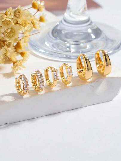 3 Pairs Minimalist Elegant Versatile Women Fashion Earrings Set, Cubic Zirconia Pave/Square Zirconia/Plain Hoops, Suitable For Multiple Ear Piercings