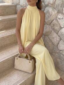Elegante conjunto de 2 piezas para mujer con top asimétrico de cuello alto amarillo y pantalones de pierna ancha, atuendo de primavera y verano - Amarillo claro - Ver 4