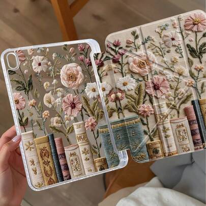Kingsung Ốp lưng máy tính bảng hình chữ Y gấp gọn hai mặt bằng acrylic trong suốt phun sơn, họa tiết Hoa và Sách, tương thích với máy tính bảng Mini6/7/9.7/10.2/10.5/10.9/12.9/Pro 11, thế hệ thứ 10. Ốp bảo vệ hỗ trợ điều chỉnh đa góc, sáu cách đặt giá đỡ, khe cắm bút tích hợp, mặt lưng trong suốt, chống rơi vỡ, tự động bật/tắt màn hình. Tương thích với Kindle Paperwhite thế hệ thứ 12 năm 2024, Kindle thế hệ thứ 11 năm 2022, Clara Colour.