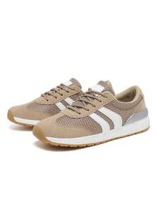 Unisex Retro Patchwork Mesh Sneakers, Soft Sole Non-Slip Breathable Athletic Shoes, Students' Daily Casual Shoes, Teenagers' Flat Casual Shoes For Men And Women, Men's Vintage Suede Mesh Patchwork Sports Shoes, Lace-Up Breathable Casual Shoes - Khaki - View 5