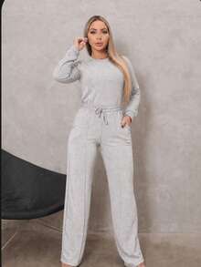 Women's Set: Wide Leg Pants And Long Sleeve Ribbed Knit Top - Premium Winter Casual Chic - 灰色 - 查看 7
