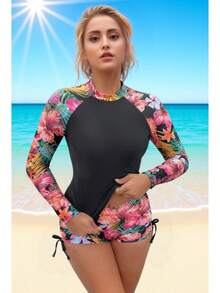 New Printed Long-Sleeve Wetsuit Two-Piece Swimsuit For Women, Sexy Sports Surfing Diving Racing Swimwear - Black - View 1