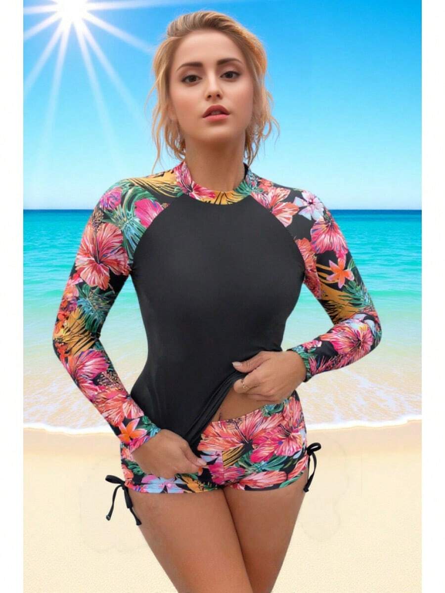New Printed Long-Sleeve Wetsuit Two-Piece Swimsuit For Women, Sexy Sports Surfing Diving Racing Swimwear - Black - View 1