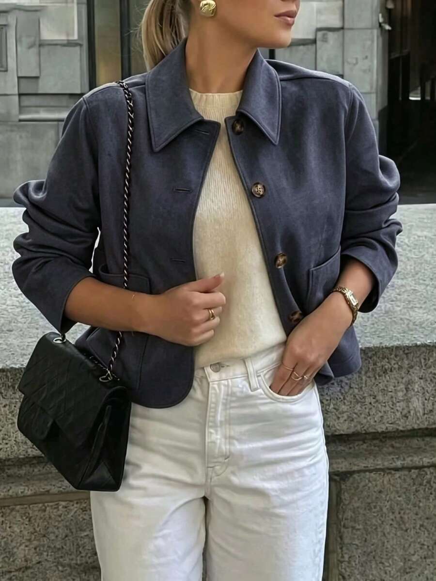Women's Solid Color Drop Shoulder Long Sleeve Short Front Button Fashionable Versatile Jacket - Grey - View 1