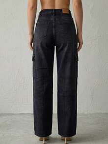 Pantalón Cargo De Mezclilla Stretch Para Mujer Corte Amplio - Negro - Ver 2