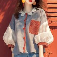 Camisa Vintage de gasa para mujer, blusa holgada de manga corta con cuello redondo, ropa Coreana de retazos, novedad de verano - Color de la imagen - Ver 4