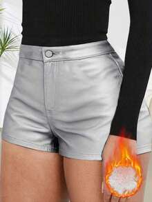 Pantalones cortos de mujer de unicolor, casuales y sexys con revestimiento, adecuados para vacaciones de otoño/invierno y verano - Plata brillante - Ver 1