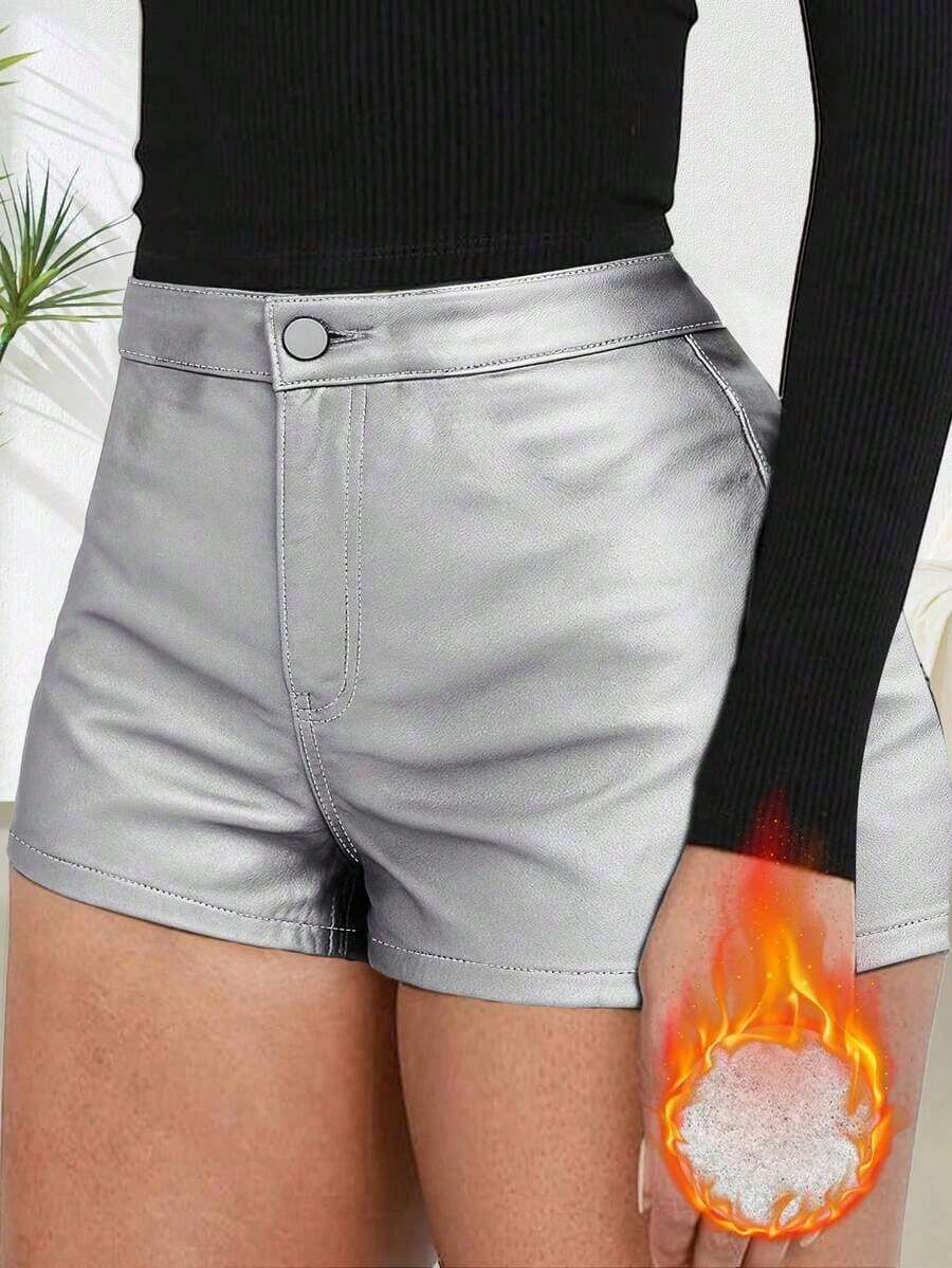Pantalones cortos de mujer de unicolor, casuales y sexys con revestimiento, adecuados para vacaciones de otoño/invierno y verano - Plata brillante - Ver 1