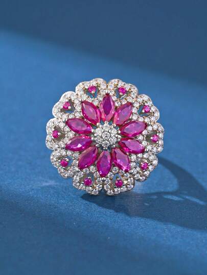 Glamorous Sparkling Elegant Heart-Shaped Cubic Zirconia Multi-Color Gemstone Open Ring, Suitable For Wedding Proposal, Formal Occasions, Parties, Birthdays, Gifts, And Daily Wear