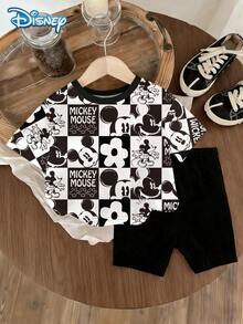 Set Baju Bayi Laki-laki Disney Musim Panas Motif Kotak-kotak Blok Warna Sederhana Garis Mickey Mouse Lengan Pendek dan Celana Pendek, Pola Kartun dengan Sedikit Elastis, Cocok untuk Pakaian Sehari-hari Bayi dan Hadiah - Hitam - View 2