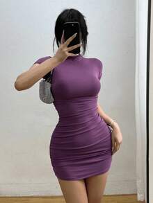 Minivestido Sexy ajustado con cuello medio alto y cintura plisada, Vestidos ajustados picantes para niñas, Vestidos ajustados para Mujer, Cortos, ropa de fiesta para Mujer - Negro - Ver 2