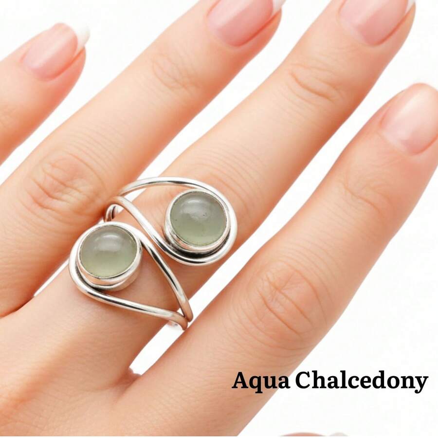 Aqua Chalcedony 925 Sterling Silver Gemstone Adjustable Ring - 水色玉髓 - 查看 1