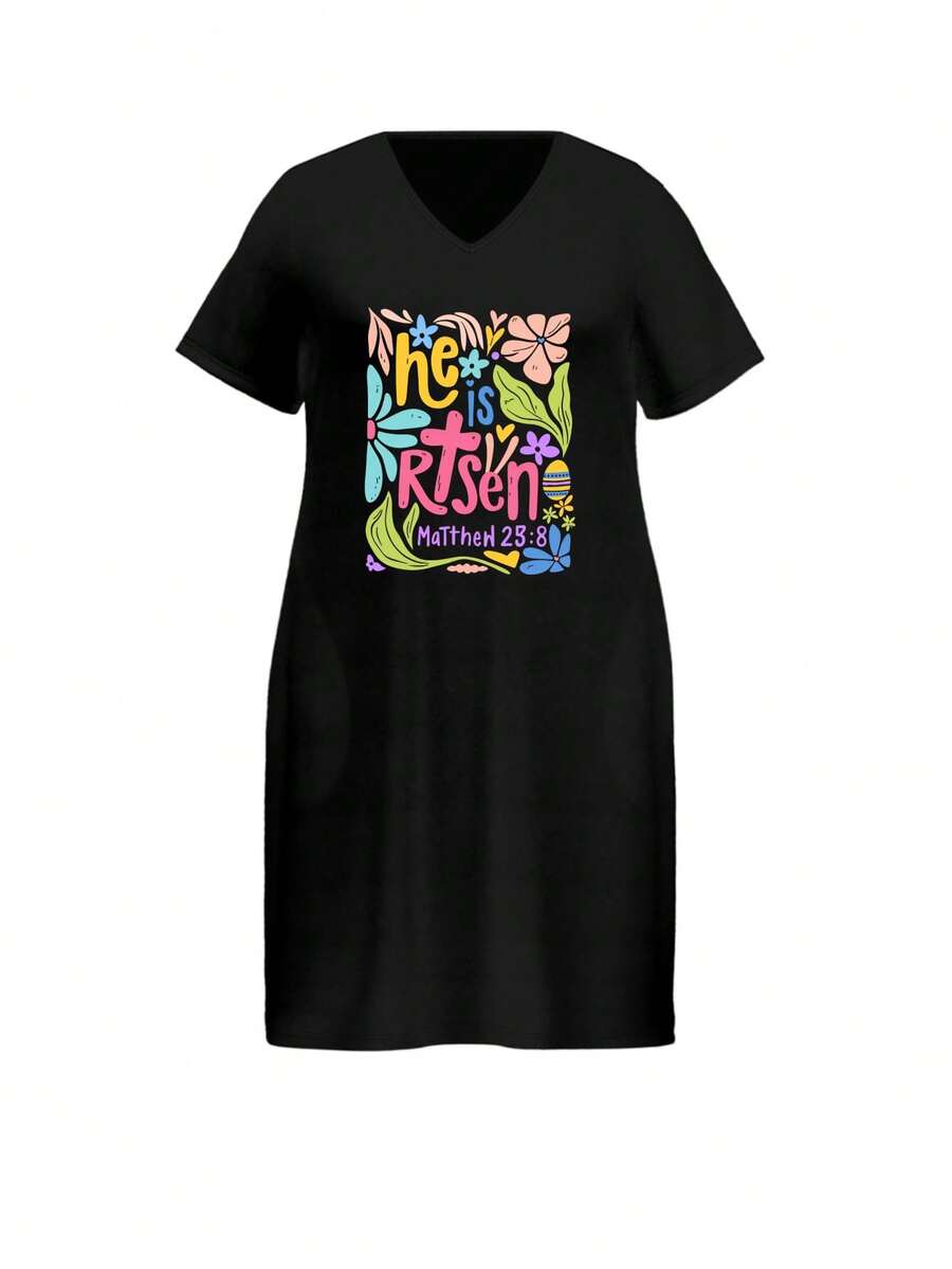 V Neck Dress Black He Is Risen Matthew 28 8 Floral Easter Design For Spring Celebration - màu đen - Xem 1