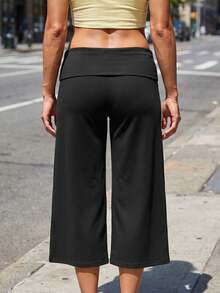 Women's Capri Pants Fold Over Waistband Low Rise Solid Color Wide Leg Cropped Lounge Trousers - Negro - Ver 6