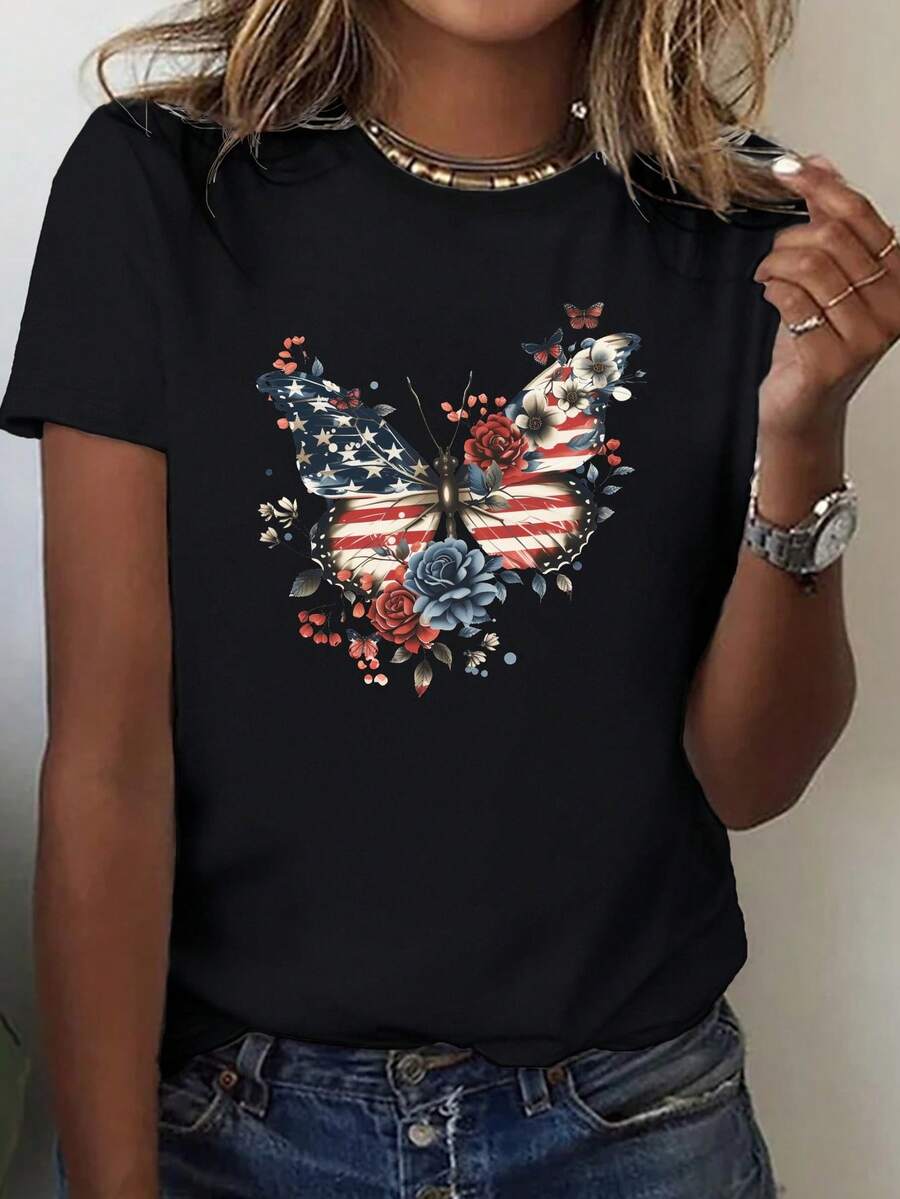 Women's American Flag & Suitable For Casual/Patriotic Events T-Shirt - Comfortable Crew Neck, Medium-Stretch Fabric, Year-Round Wearable Blouse - Machine Washable Soft Breathable Top For Parties, Daily Outfits & National Holidays - 黑色 - 查看 1