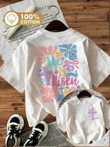 Casual Women's Easter Top With Double-Sided Print, Hand-Drawn Style With Flowers And A Cross, With The Inscription "HE IS RISEN" On The Round Neckline, Pure Short-Sleeved T-Shirt. - 白色 - 查看 7