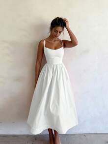 2026 Spring New Women's Clothing, Cross-Border European And American Dress, Sexy Waist-Cinching Pleated Solid Color Large Hem Strap Dress - 白色 - 查看 6