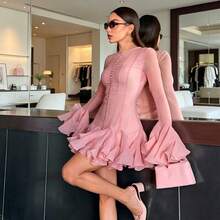 Women's Long Sleeve Mesh Panel Ruffle Hem Mini Dress| Elegant Button-Front A-Line Party Dress - 粉色 - 查看 7