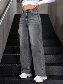 Pantalones vaqueros anchos sueltos y versátiles de mujer con diseño de bolsillos - Gris - Ver 5