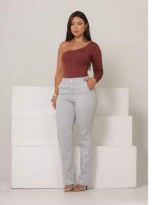 Women's Straight Leg Trousers In Satin Twill, Tailored Style, Malloy Style - Light Grey - View 2
