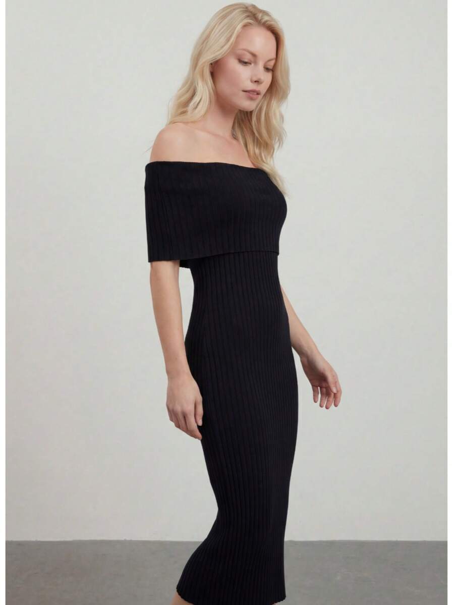 Women's Solid Color Casual Versatile Off-Shoulder Fitted Dress - Black - View 1