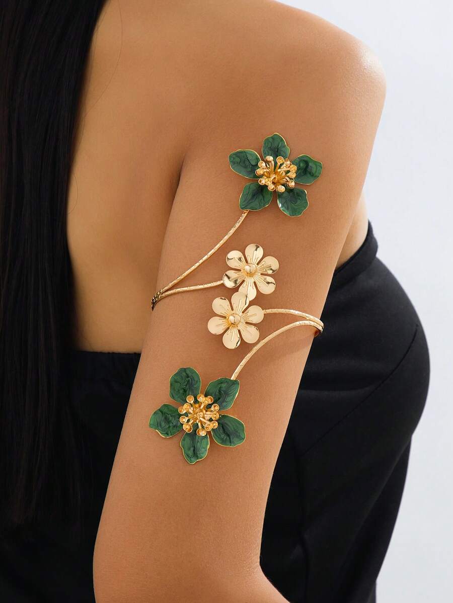 1 buah Gelang Manset Lengan Asimetris Bermotif Bunga Hijau Elegan dan Berlebihan, Cocok untuk Perjalanan, Liburan, Pesta, dan Kencan. - Dark Green - View 1