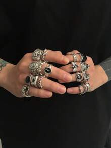 Bộ 20 chiếc nhẫn bạc phong cách Punk cổ điển - Thiết kế đầu lâu, quân bích, chuồn chuồn và mắt ác, nhẫn đeo xếp chồng theo phong cách Hip Hop Goth unisex. - Bạc cổ - Xem 2