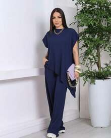 Women's Set: Blouse + Asymmetrical Wide-Leg Pants In Seersucker - 2026 , Elegant, Comfortable, Airport Look, São João, Festa Junina - 寶藍色 - 查看 2