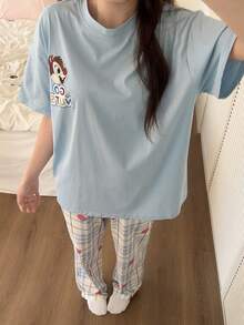 Gongdie Bộ 2 món đồ ngủ nữ Disney, bộ đồ ngủ ngắn tay cotton mùa hè, họa tiết kẻ caro thoải mái mặc ở nhà - Màu xanh nhạt - Xem 10