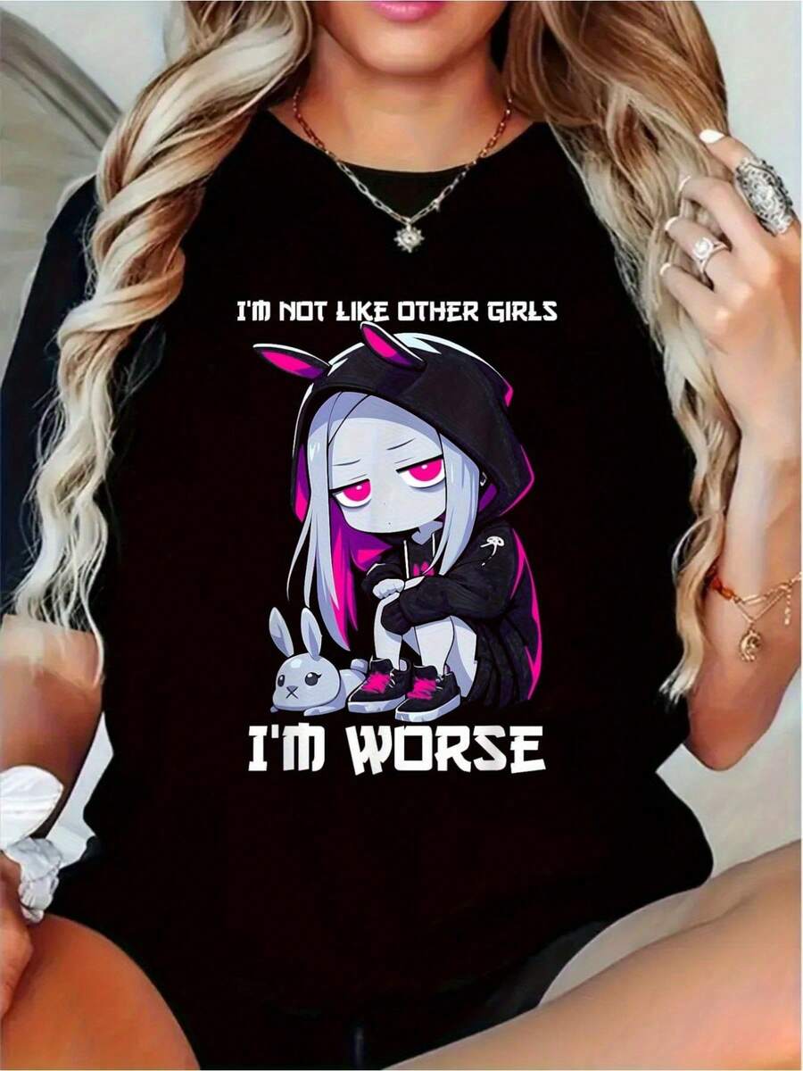 Wo "No soy como los demás" Goth Bunny camiseta gráfica - Edgy Grunge Y2K camiseta negra con acentos rosa, relajado ajuste cuello tripulación manga corta, Goth Bunny Applique y patrón geométrico, traje casual casual adecuado para la subcultura gótica