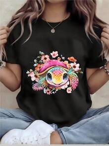 Plus Size, Plus-size T-shirt - Women's Fun Printed T-shirt - Casual Short-sleeved Round-neck Loose-fitting Top, Machine Washable for All-season Comfort, Casual Wear; Loose-fitting Style; Durable Print, Perfect for Holiday Gifts, Local Warehouse - Negro - Ver 2