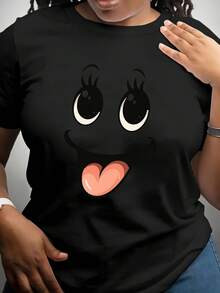 Women'S "Smile" Printed Short-Sleeved T-Shirt | Soft And Breathable, Moderate Elasticity, Machine Washable, Crew Neck, Perfect For Summer Fashion, Casual Style - 黑色 - 查看 1